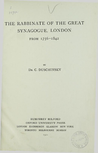 The Rabbinate of the Great Synagogue, London, from 1756-1842